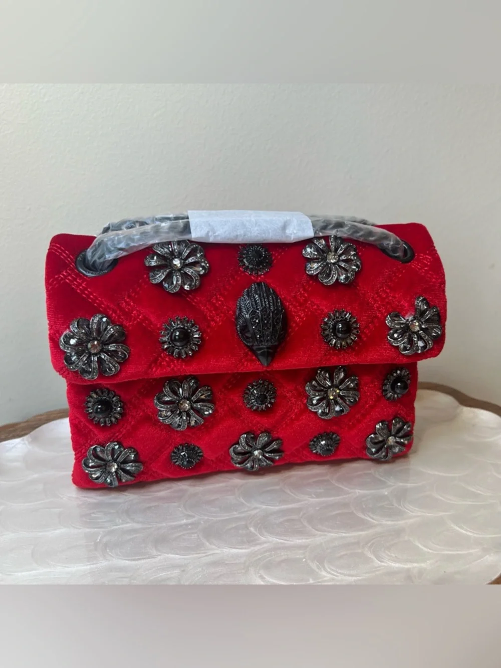 Kurt Geiger London Red Velvet Embellished Mini Kensington Bag NWT - Picture 1 of 16